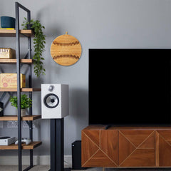 A modern living room showcases a wooden media console, a large flat-screen TV, and a speaker on a stand. To the left, a metal-and-wood shelf holds books, a plant, and enhances its baseball charm with game day entertaining essentials like the Totally Bamboo Baseball Shaped Cutting Board, measuring 12" x 12".