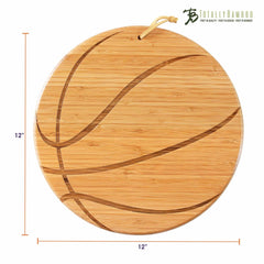 This Basketball Shaped Cutting Board by Totally Bamboo measures 12 inches in diameter and showcases a basketball design etched into its bamboo surface. Ideal for game day entertaining, it includes a handy hanging loop, with the Totally Bamboo logo featured in the top right corner.