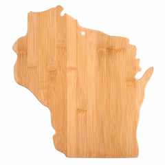 The Totally Bamboo Wisconsin Cutting Board, measuring 13" x 12", is crafted in the iconic outline of the state with a natural bamboo finish and includes a small hole near the top edge for easy hanging.