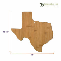 The Texas Cutting Board by Totally Bamboo is a state-shaped bamboo cutting board measuring 14 inches by 13-3/8 inches. It features the Totally Bamboo logo in the top right corner and includes a small hole near the top for easy hanging, making it an ideal addition to your collection of bamboo serving boards for both serving and display.