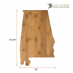 The Alabama Cutting Board by Totally Bamboo embodies the state's allure with its bamboo design, measuring 15-3/4" in height and 10" in width. Perfect for chopping or serving as a charcuterie board, it showcases the Totally Bamboo logo in the top right corner.