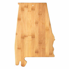 A Totally Bamboo Alabama Cutting Board, measuring 15-3/4" x 10", crafted from smooth wood grain and featuring a small hanging hole near the top, is designed in the shape of the U.S. state of Alabama.