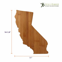 Introducing the California Cutting Board by Totally Bamboo, a distinctive charcuterie board crafted from bamboo and shaped like the state of California. It measures 14-1/4 inches tall and 11 inches wide, with the "Totally Bamboo" logo prominently displayed in green at the top right corner, making it a standout choice for serving culinary delights among state-shaped boards.