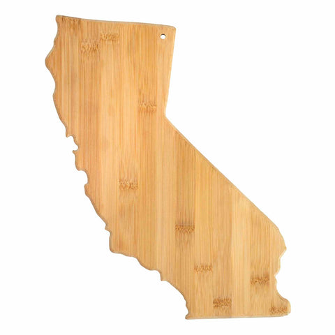 The Totally Bamboo California Cutting Board, measuring 14-1/4" x 11", is crafted to resemble the state of California, with smooth edges and a natural wood grain pattern, making it perfect for charcuterie displays.