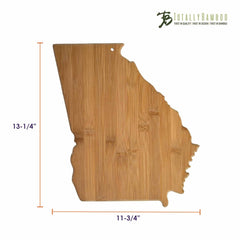 The Georgia Cutting Board from Totally Bamboo is a distinctive charcuterie board, crafted in the shape of the state of Georgia. Measuring 13-1/4 inches in height and 11-3/4 inches in width, it functions both as a unique cutting board and an elegant serving piece, perfect for all your culinary needs.