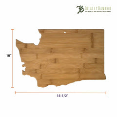 The Washington Cutting Board from Totally Bamboo, measuring 15-1/2 inches by 10 inches, is crafted in the shape of the state. It features elegant wood grain patterns with a hanging hole and the "Totally Bamboo" logo in the top corner—perfect for a stylish charcuterie presentation.