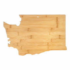 Introducing the Totally Bamboo Washington Cutting Board, a 15-1/2" x 10" charcuterie board shaped like the state of Washington, crafted from light-colored bamboo with stunning grain patterns—ideal for serving and cutting.