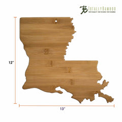 This Louisiana-shaped cutting board by Totally Bamboo, measuring 13 by 12 inches, serves as a chic charcuterie board. The "Totally Bamboo" logo in the top right corner distinguishes it as an impressive addition to state-shaped cutting boards.