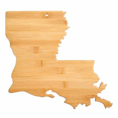 A Louisiana-shaped bamboo cutting board by Totally Bamboo, measuring 13" x 12", includes a small hole at the top for convenient hanging.