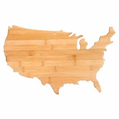 A bamboo cutting board by Totally Bamboo, shaped like the USA and measuring 17-1/2" x 11", with a smooth, natural finish and visible wood grain patterns.