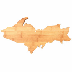 The Michigan Upper Peninsula Cutting Board by Totally Bamboo, measuring 17" x 9-1/2", is a durable wooden board shaped like the Upper Peninsula of Michigan, ideal for serving as a charcuterie board. It features a smooth, natural finish with visible wood grain patterns, highlighting the region's distinct geographical features.