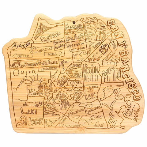 The City Life San Francisco Cutting Board by Totally Bamboo, measuring 12-3/4" x 10-3/4", artistically features laser-engraved neighborhoods such as Presidio, Richmond, Sunset, and Castro. This piece not only serves as a functional cutting board but also adds decorative charm to any kitchen.