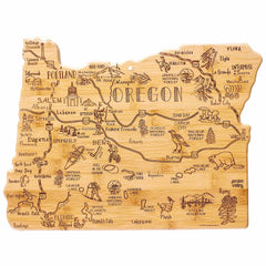 The Totally Bamboo Destination Oregon Cutting Board, measuring 14-1/2" x 10-3/4", is a laser-engraved wooden masterpiece featuring intricate illustrations of Oregon's landmarks, cities, and natural attractions. Notable highlights include Portland, Salem, Eugene, Crater Lake, and Mount Hood, complemented by wildlife drawings and scenic landscapes.