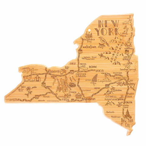 The Totally Bamboo Destination New York Cutting Board, measuring 13-1/4" x 12", is a wooden, state-shaped board laser-engraved with city names and landmarks, including Buffalo, Rochester, Syracuse, and the Hudson River. It features illustrations of local wildlife and notable attractions to add an artistic touch to your kitchen.