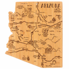 Explore the unique charm and contours of Arizona with the laser-engraved Destination Arizona Cutting Board by Totally Bamboo, designed in the shape of the state. Its dimensions are 13-1/2" x 11-3/4".