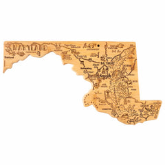 The Totally Bamboo Destination Maryland Cutting Board, measuring 18" x 9-5/8", showcases an artistic depiction of Maryland's state outline on its bamboo surface. It highlights cities and landmarks such as Baltimore, Annapolis, and the Chesapeake Bay, adorned with charming doodles of crabs, monuments, and sailboats. This cutting board also serves as exquisite wall art.