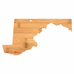 Introducing the Destination Maryland Cutting Board by Totally Bamboo—a beautifully crafted bamboo cutting surface shaped like the state of Maryland. It features a small hole near the top for easy hanging and boasts a smooth finish with etched details, making it perfect as functional decor or wall art. Measuring 18" x 9-5/8", this board is both practical and decorative.