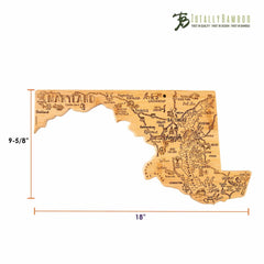 The Destination Maryland Cutting Board by Totally Bamboo is a bamboo cutting board shaped like the state of Maryland, featuring engraved landmarks and cities. This piece also serves as charming wall art, measuring 18 inches in length and 9-5/8 inches in height, with the Totally Bamboo logo in the top right corner.