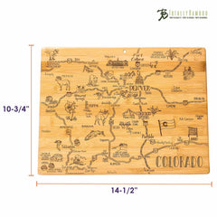 The Destination Colorado Cutting Board by Totally Bamboo is a state-shaped bamboo board engraved with a map of Colorado, highlighting cities, landmarks, and decorative illustrations. Measuring 14-1/2 inches by 10-3/4 inches, it features the "Totally Bamboo" logo in the top right corner.