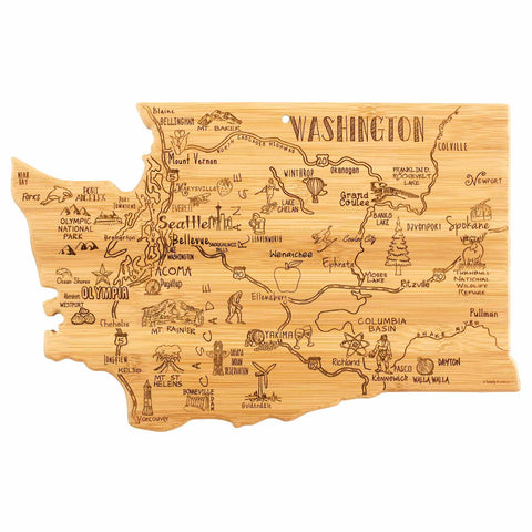 The "Destination Washington Cutting Board" by Totally Bamboo, measuring 15-1/2" x 10", features a wooden design with laser-engraved artwork that highlights the iconic outline of Washington state, showcasing cities and landmarks such as Seattle, Olympia, Mount Rainier, and the Columbia River.