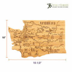 The Destination Washington Cutting Board by Totally Bamboo is crafted in the shape of Washington state and features laser-engraved artwork depicting local landmarks, cities, and notable features including Seattle, Spokane, and Mount Rainier. Ideal for serving or display, it measures 15-1/2" by 10".