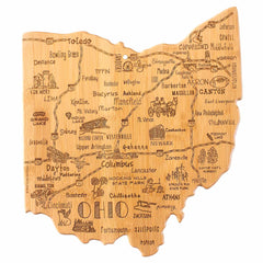 Explore the allure of Ohio with the Totally Bamboo Destination Ohio Cutting Board, 12" x 13-1/2", showcasing laser-engraved artwork of iconic features, major cities, and geographical details on a sturdy bamboo surface.