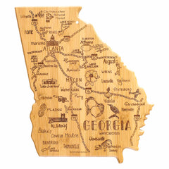 Introducing the Totally Bamboo Destination Georgia Cutting Board, measuring 11-3/4" x 13-1/4". This beautifully crafted state-shaped bamboo cutting board is laser-engraved with intricate artwork of Georgia, featuring cities such as Atlanta and Savannah, along with landmarks and highways like I-75 and I-85. It’s perfect for showcasing your Peach State pride while offering a reliable cutting surface.