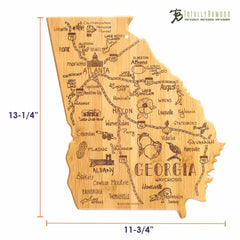 The Totally Bamboo Destination Georgia Cutting Board is made from a robust bamboo surface and showcases laser-engraved designs of the state's cities, landmarks, and highways. Highlights include Atlanta, Savannah, and the Okefenokee Swamp. Its dimensions are 11-3/4" by 13-1/4".