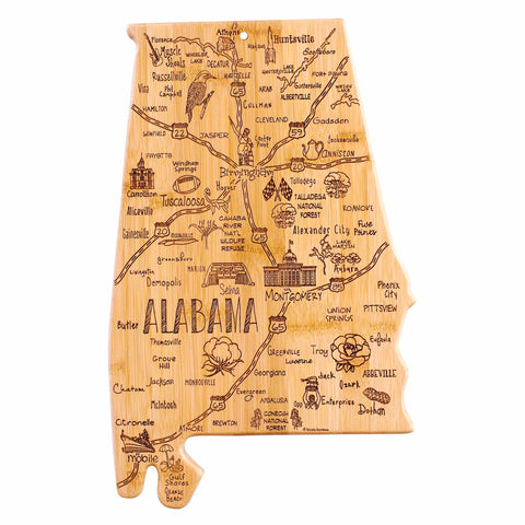 The Destination Alabama Cutting Board from Totally Bamboo features a bamboo surface and is designed in the shape of Alabama. It highlights laser-engraved artwork that includes city names, symbols such as a rocket and football, and landmarks like Birmingham, Montgomery, and Mobile.