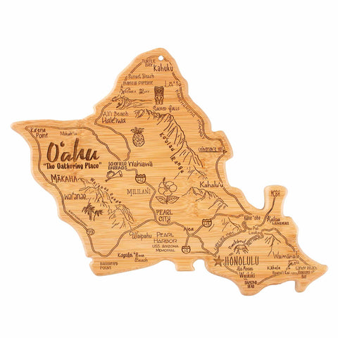 This laser-engraved artwork, known as the Destination Oahu Cutting Board by Totally Bamboo, beautifully captures the essence of Oahu, Hawaii. It showcases detailed outlines of its towns and landmarks such as Honolulu, Pearl Harbor, and North Shore, complete with artistic beach illustrations. Measuring 14" x 11", this piece is part of our Destination Series.