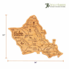 The Totally Bamboo Destination Oahu Cutting Board, designed in the shape of Oahu, features laser-engraved artwork highlighting landmarks such as Honolulu, Waimea, Pearl City, and Diamond Head. Sized at 14 inches wide and 11 inches high, it's both an eye-catching decor piece and a functional bamboo cutting surface.