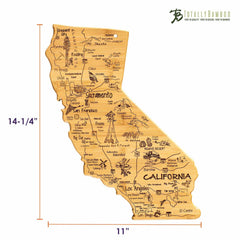 Introducing the Destination California Cutting Board by Totally Bamboo, designed in the shape of California and featuring laser-engraved artwork that highlights landmarks and cities like San Francisco, Los Angeles, and San Diego. With dimensions of 11 inches by 14 1/4 inches, it proudly showcases the Totally Bamboo logo in the top right corner.