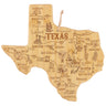 The Totally Bamboo Destination Texas Cutting Board (14″ x 13-3/8″) features a wooden design shaped like the state of Texas, beautifully engraved with city names and illustrations of landmarks, animals, and regional foods. This unique board serves as both a standout bamboo charcuterie board and a thoughtful engraved state gift for any occasion.