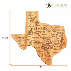 Discover the Destination Texas Cutting Board from Totally Bamboo, measuring 14 inches by 13-3/8 inches. This durable bamboo board is intricately engraved with illustrations and names of cities, landmarks, and symbols across Texas. It's a charming addition to any kitchen while perfectly presenting your culinary creations.