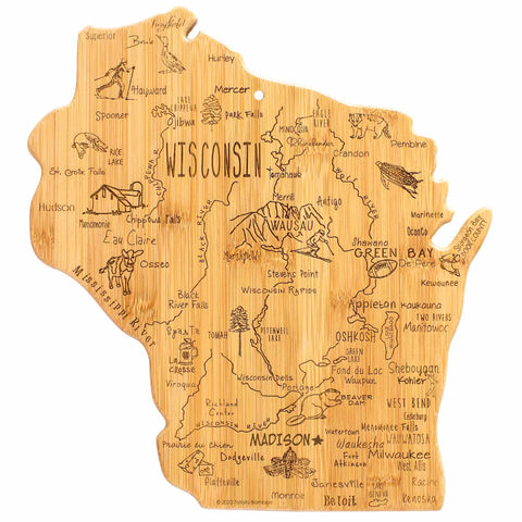 The Destination Wisconsin Cutting Board by Totally Bamboo is a 12" x 13" bamboo board shaped like the state of Wisconsin, showcasing laser-engraved artwork with city names, illustrations of local wildlife, landmarks, and popular attractions as part of the Destination Series.