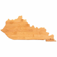 A Totally Bamboo Destination Kentucky Cutting Board, measuring 18" x 8-1/2", features a smooth, light brown wood grain in the shape of Kentucky and includes a hole near the top edge for easy hanging as wall art.