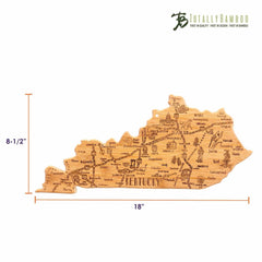 The Destination Kentucky Cutting Board by Totally Bamboo is a versatile bamboo cutting board shaped like the state of Kentucky. It is engraved with city names and rivers, making it both a practical cutting surface and beautiful wall art. Measuring 18 inches wide by 8.5 inches tall, it features the Totally Bamboo logo in the top right corner.