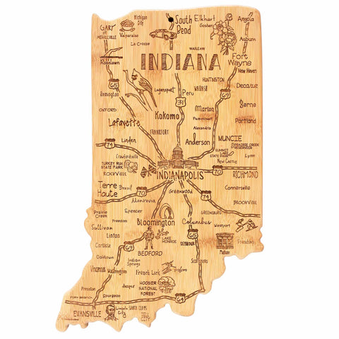 As part of Totally Bamboo's Destination Series, the Destination Indiana Cutting Board (15-3/4" x 10") is skillfully crafted from wood and features engraved illustrations and city names such as Indianapolis, Fort Wayne, and Bloomington. With depictions of race cars, corn, and musical notes, it celebrates cultural landmarks.