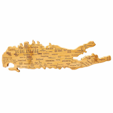 The Totally Bamboo Destination Long Island Cutting Board, measuring 22" x 6-1/2", is beautifully designed in the shape of Long Island, NY, showcasing laser-engraved artwork of towns and landmarks such as Brooklyn, Queens, Huntington, along with delightful illustrations that emphasize local characteristics.