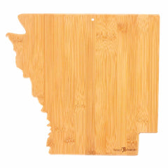 Presenting the Totally Bamboo Destination Arkansas Cutting Board, 13" x 12": a state-shaped board made from high-quality bamboo. This cutting surface beautifully replicates the outline of Arkansas, featuring a smooth texture and light wood grain. A small hole near the top allows for easy hanging and proudly displaying it in your kitchen.