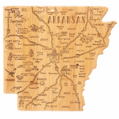 The Destination Arkansas Cutting Board, measuring 13" x 12", by Totally Bamboo, is intricately designed in the shape of the state. It highlights cities such as Little Rock and Fayetteville, depicting local attractions, highways, mountains, rivers, and more with artistic lettering. This piece makes an excellent addition to the Destination Series collection.