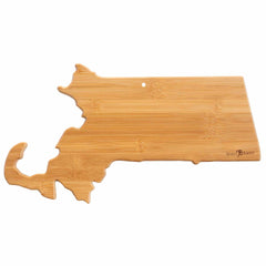 The Totally Bamboo Destination Massachusetts Cutting Board, measuring 16-3/4" x 9-1/4", is intricately crafted in the shape of Massachusetts and features laser-engraved artwork, bringing elegance and state pride to your kitchen.