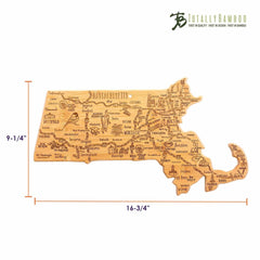 The Destination Massachusetts Cutting Board, measuring 16-3/4 inches wide by 9-1/4 inches high, is an exquisite piece from the Totally Bamboo brand. This state-shaped board is crafted from bamboo and features laser-engraved artwork showcasing cities and landmarks of Massachusetts.