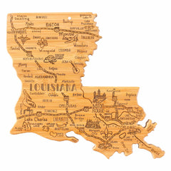 The Destination Louisiana Cutting Board by Totally Bamboo, measuring 13" x 12", is a state-shaped bamboo board adorned with laser-engraved artwork. It features city names such as Baton Rouge and New Orleans, along with depictions of cultural icons and the Mississippi River, making it a functional yet artistic map for your kitchen.