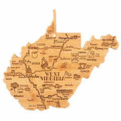 Introducing the Totally Bamboo Destination West Virginia Cutting Board, measuring 13-1/2" x 11-3/4". This wooden cutting board splendidly captures the shape of West Virginia and features laser-engraved artwork. It highlights cities such as Charleston, Morgantown, and Huntington with detailed illustrations of local landmarks and notable features.