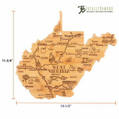 The Destination West Virginia Cutting Board by Totally Bamboo is a state-shaped piece crafted from a durable bamboo surface, featuring laser-engraved artwork of cities like Charleston, Morgantown, and Huntington. It measures 13-1/2" wide and 11-3/4" tall, with the "Totally Bamboo" logo in the top right corner.