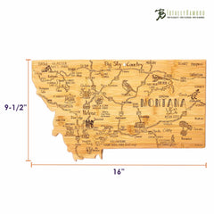 Introducing the Totally Bamboo Destination Montana Cutting Board: a uniquely crafted bamboo board shaped like the state of Montana, adorned with laser-engraved artwork showcasing landmarks and cities such as Helena and Billings. Measuring 16 inches by 9-1/2 inches, this piece serves as both a practical kitchen tool and an engaging conversation starter.