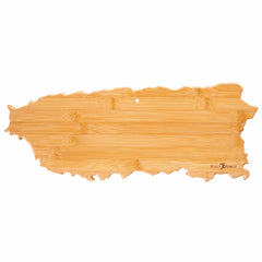 Introducing the Totally Bamboo Destination Puerto Rico Cutting Board, a bamboo charcuterie board shaped like the outline of Puerto Rico. Measuring 18" x 7", it features smooth edges and a small hole at the top for hanging, making it perfect for culinary displays that transport your meals to paradise.