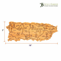 This Totally Bamboo Destination Puerto Rico Cutting Board is elegantly shaped like the island itself and features intricate etched maps of its cities and landmarks. It also serves as a versatile charcuterie board, measuring 18 inches in length and 7 inches in width, offering a useful bamboo cutting surface for various occasions.