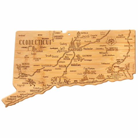 The Destination Connecticut Cutting Board by Totally Bamboo, measuring 16-1/2" x 9-1/2", is made from bamboo and showcases detailed laser-engraved artwork of Connecticut's landmarks and cities. Enjoy intricate depictions of Hartford and New Haven along with a charming representation of the state bird, offering a perfect blend of practicality and artistic elegance.